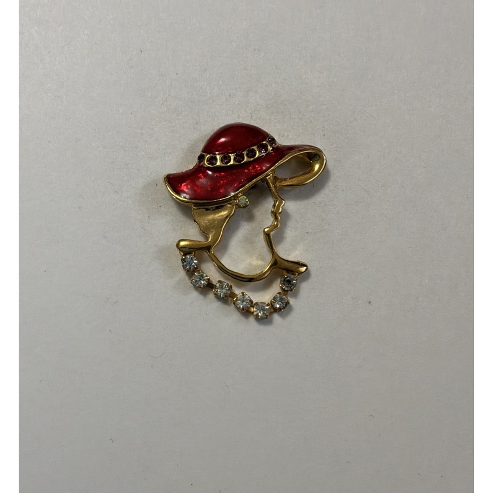 Red Hat Society Lapel Pin Brooch Gold Tone Red Enamel Purple Clear Rhinestones